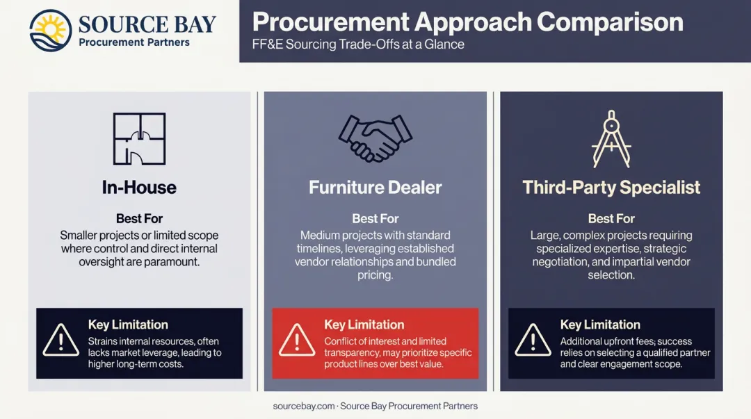 Three procurement approach comparison chart in-house dealer versus specialist trade-offs