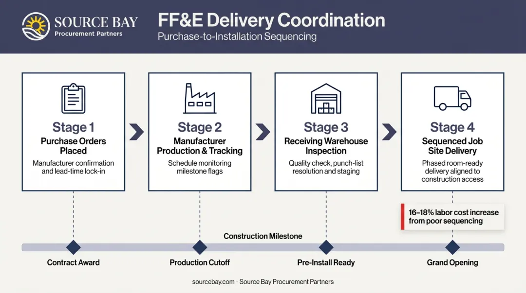 FF&amp;E freight sequencing and warehousing timeline aligned to construction milestones