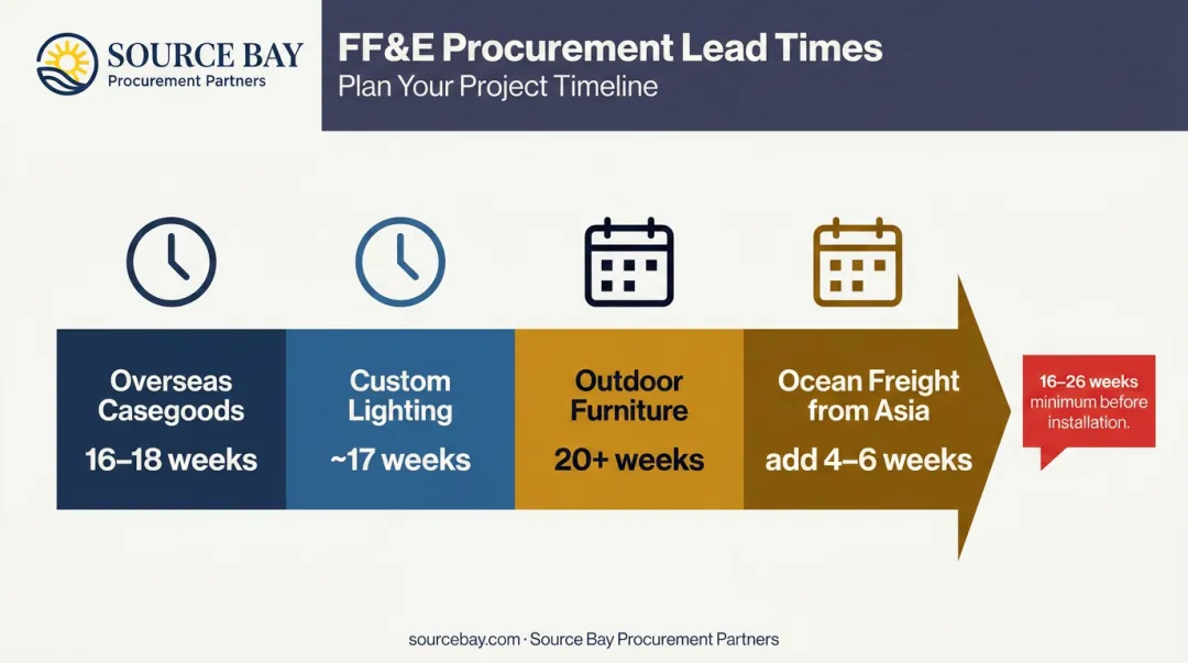 Hotel FF&amp;E procurement lead times timeline from purchase order to installation