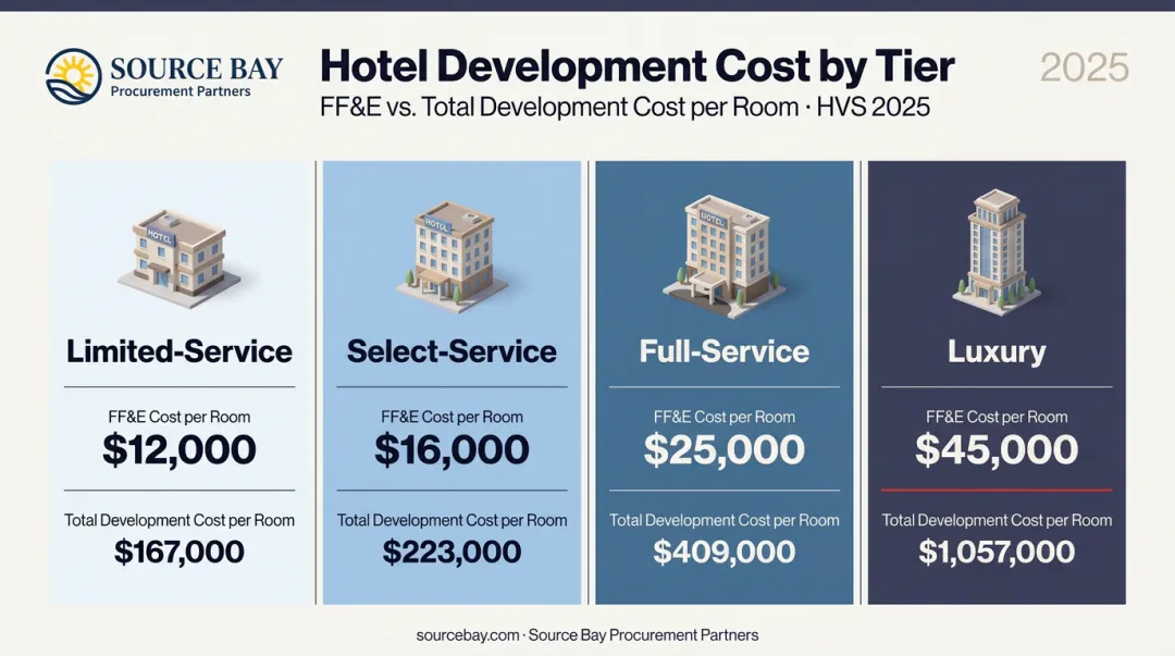Hotel FF&amp;E cost per room comparison across four hotel tiers infographic