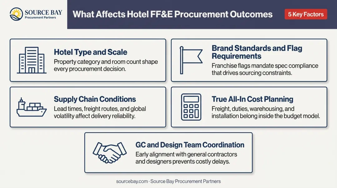 Five key factors affecting hotel FF&amp;E procurement outcomes comparison infographic