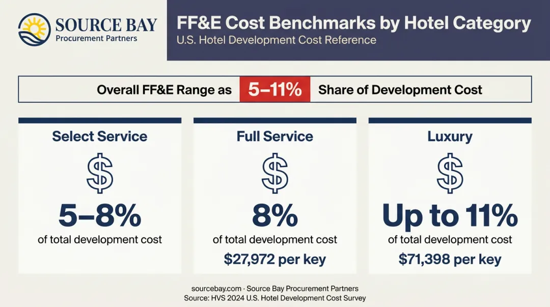Hotel FF&amp;E cost per key by property type percentage breakdown infographic