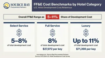 Hotel FF&amp;E cost per key by property type percentage breakdown infographic