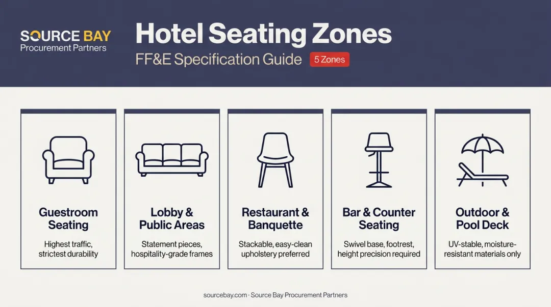 Five hotel seating zones with durability and code requirements by venue type