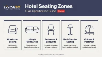 Five hotel seating zones with durability and code requirements by venue type