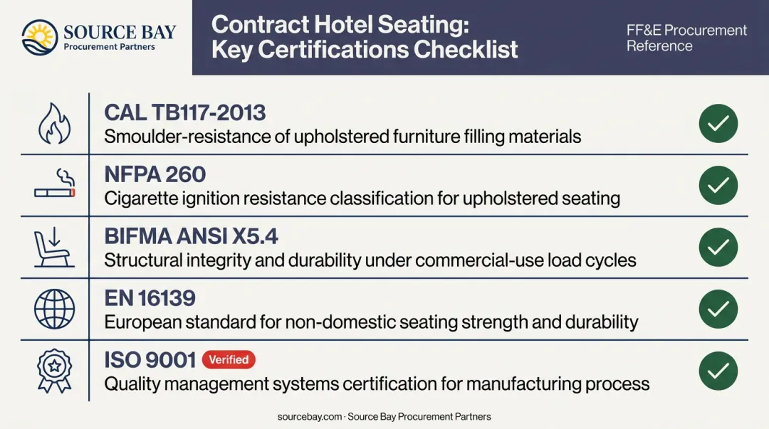 Five contract-grade hotel seating certifications and testing standards compliance checklist