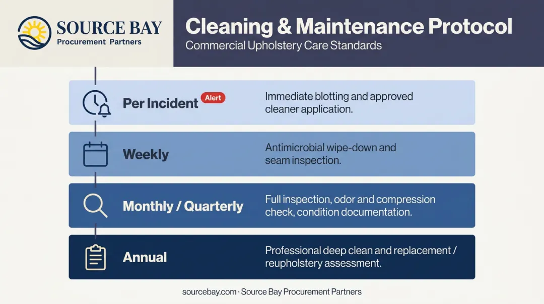 Four-tier commercial urine-resistant furniture cleaning frequency protocol schedule infographic