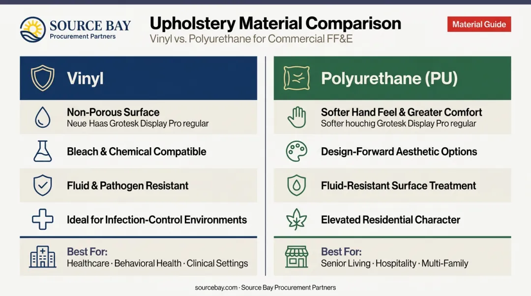 Vinyl versus polyurethane upholstery side-by-side comparison for commercial healthcare settings