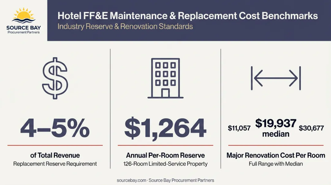 Hotel FF&E replacement cost per room and renovation budget benchmarks comparison chart