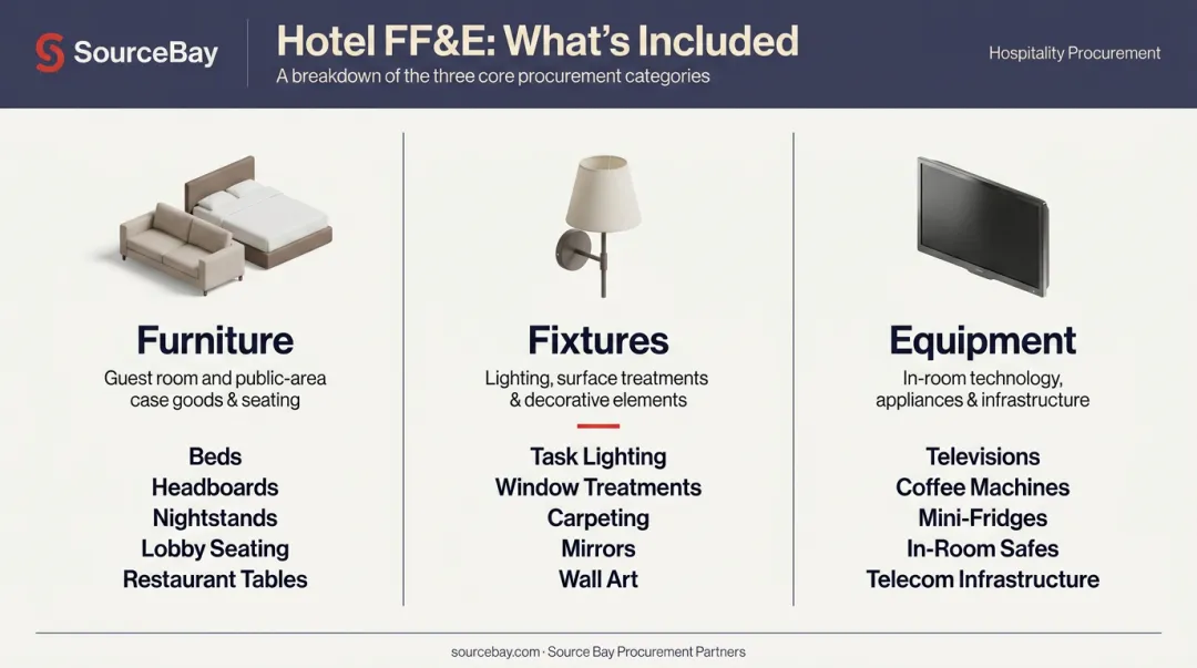 Hotel FF&E three categories furniture fixtures and equipment breakdown infographic