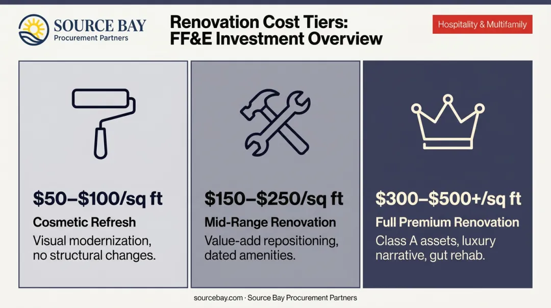 Three-tier Manhattan common area renovation cost comparison infographic with ranges