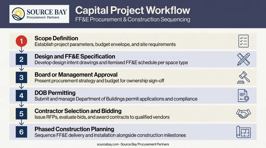 6-step Manhattan common area renovation budget sequence from scope to construction