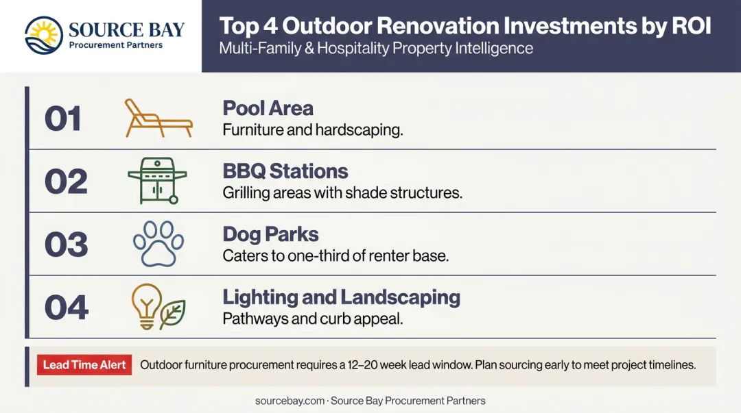 Top four high-ROI outdoor multifamily common area renovation investments ranked by impact