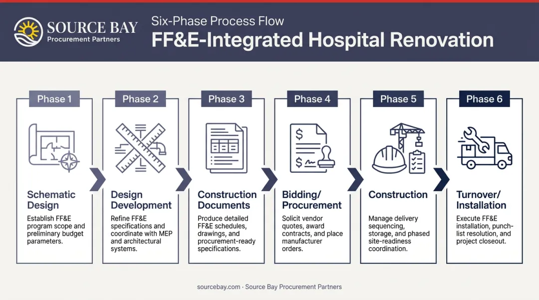 Six-phase FF&E hospital renovation integration timeline process flow infographic
