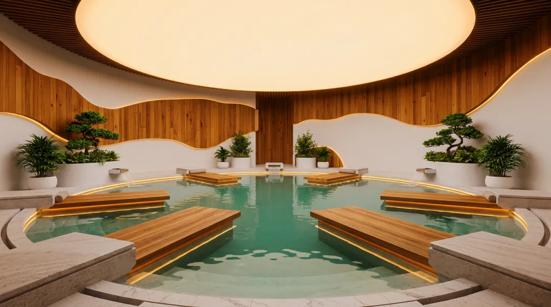 Luxury international hotel wellness spa interior with modern design and natural materials