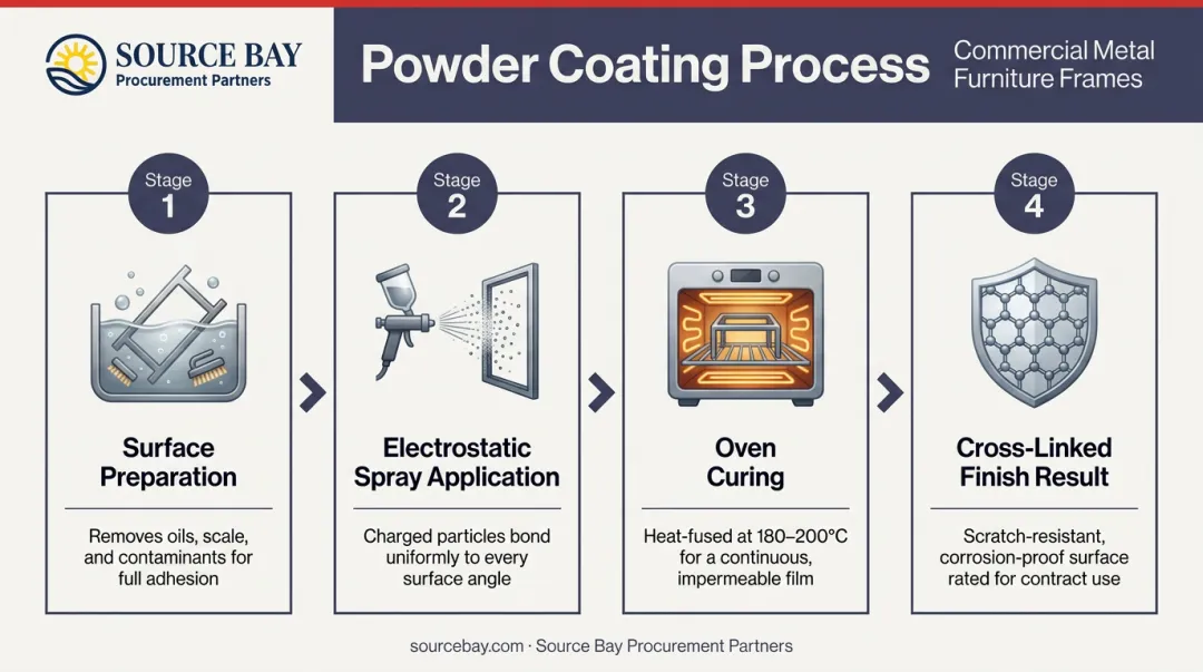 Powder coating metal frame process flow from electrostatic spray to oven cure finish