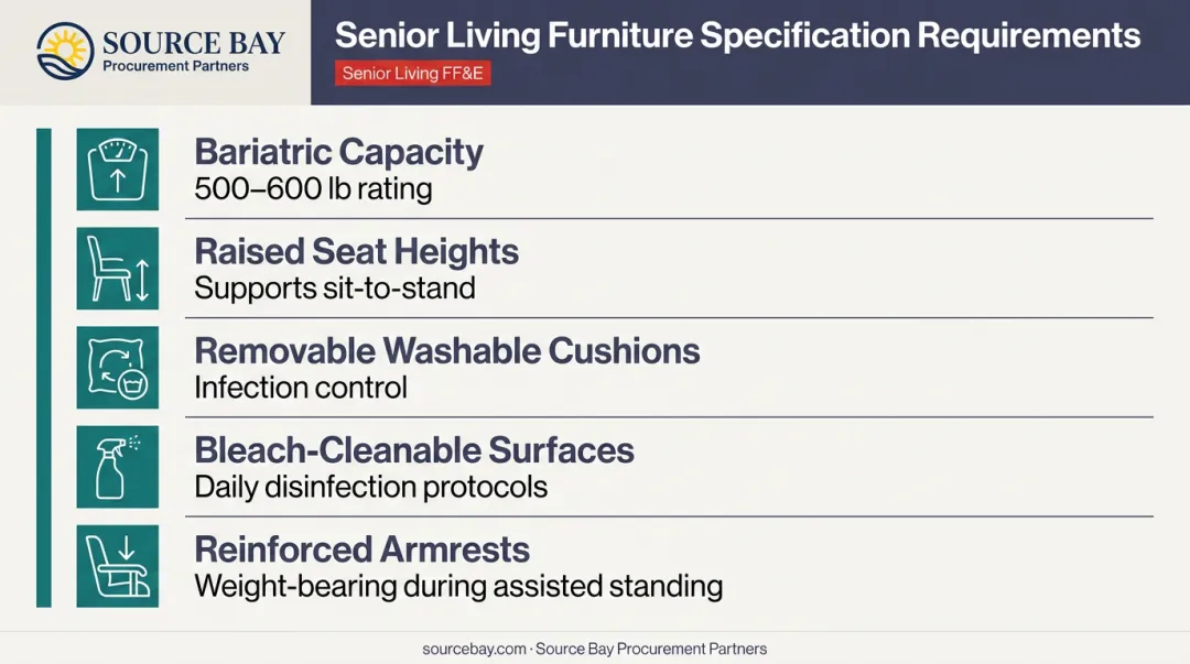 Senior living contract furniture specification requirements bariatric accessibility and infection control