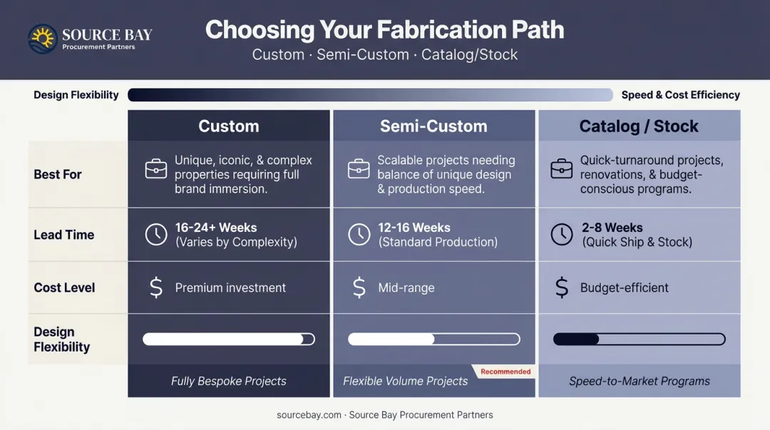 Custom semi-custom and catalog furniture fabrication path comparison lead time and cost