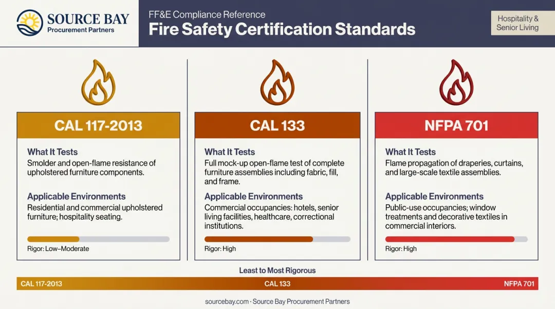 Contract furniture fire safety certifications CAL 117 CAL 133 and NFPA 701 comparison chart