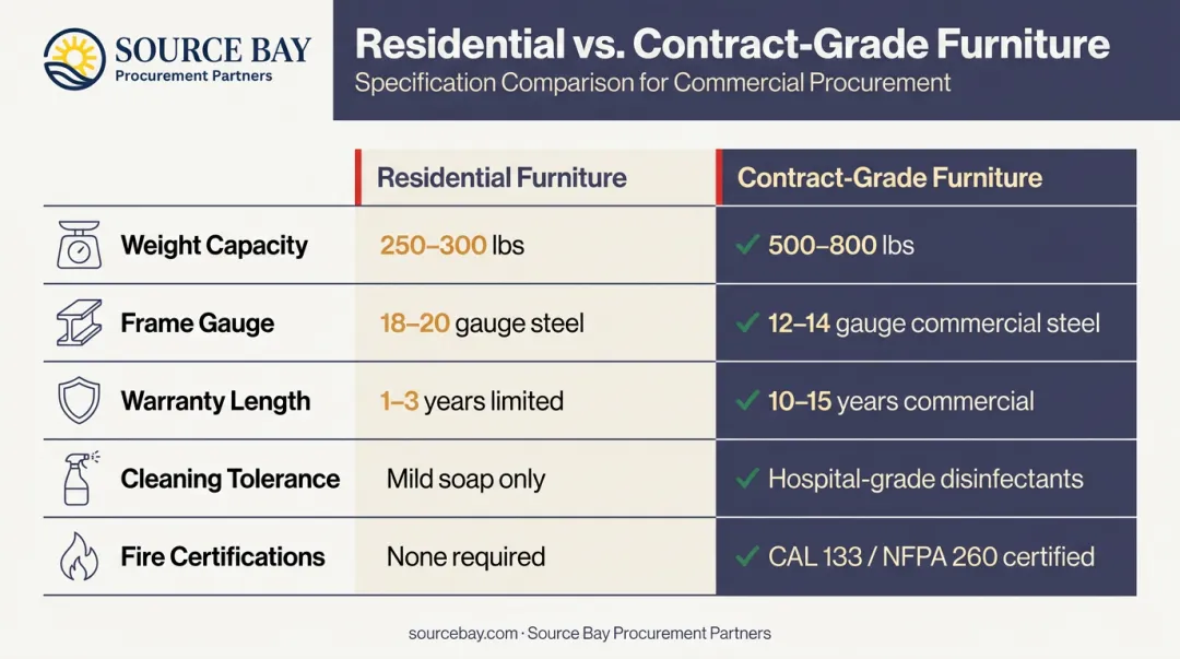 Residential versus contract-grade furniture performance comparison infographic with key specs