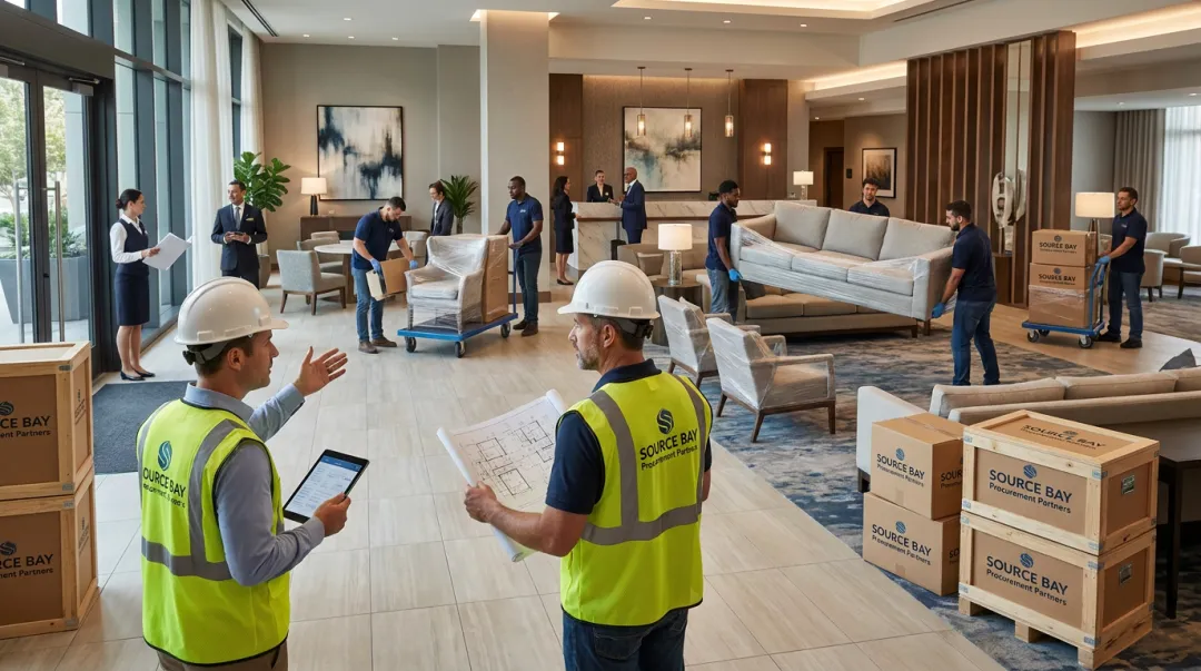 Hotel FF&E installation team coordinating furniture delivery and placement on-site