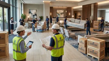 Hotel FF&amp;E installation team coordinating furniture delivery and placement on-site