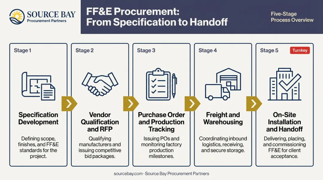5-step hotel FF&E procurement process chain from specification to installation
