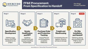 5-step hotel FF&amp;E procurement process chain from specification to installation