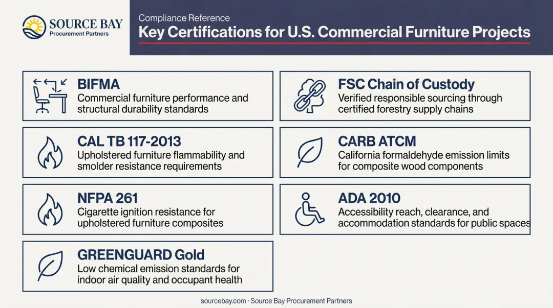 Seven key commercial furniture certifications infographic for U.S. projects