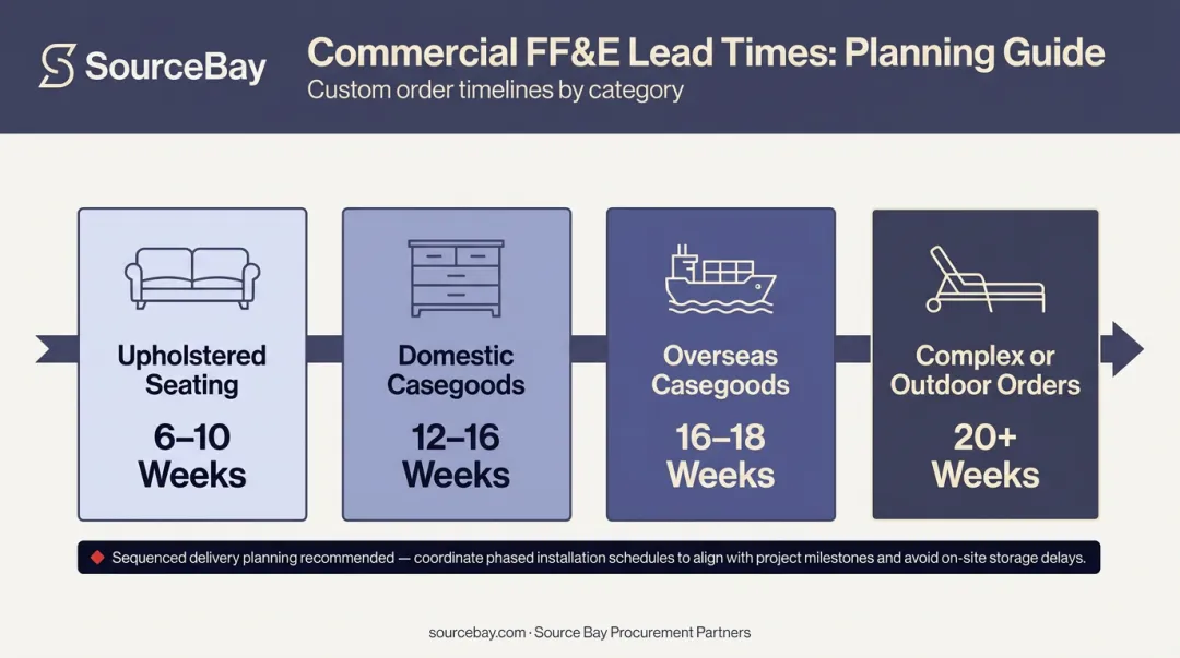 Custom commercial furniture lead times by category horizontal timeline infographic