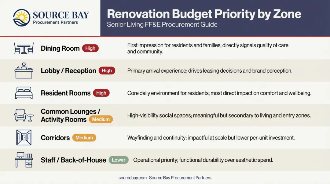 Senior living FF&E budget priority zone framework table infographic