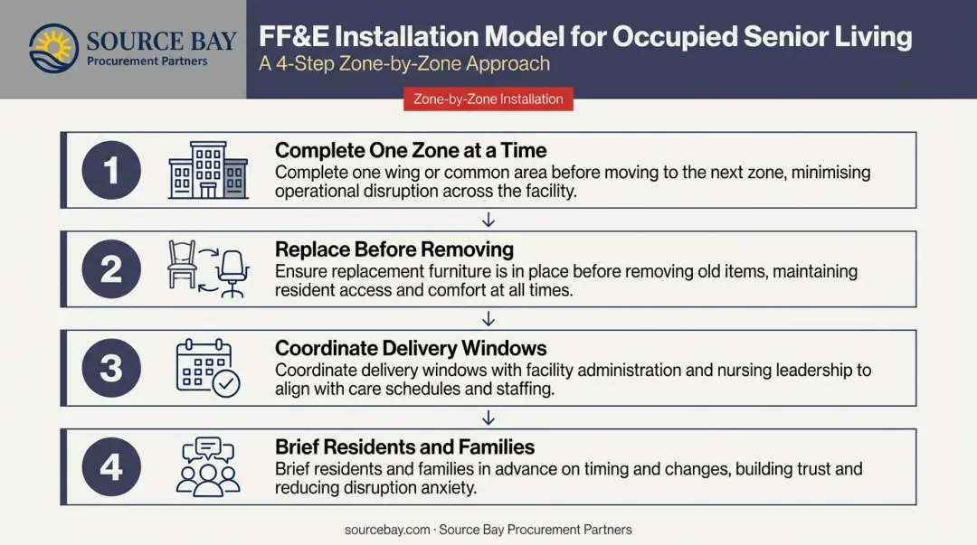 Four-step zone-by-zone FF&E delivery and installation process for occupied senior living communities
