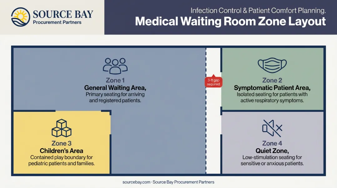 Medical waiting room hygiene zoning layout with three separated patient areas