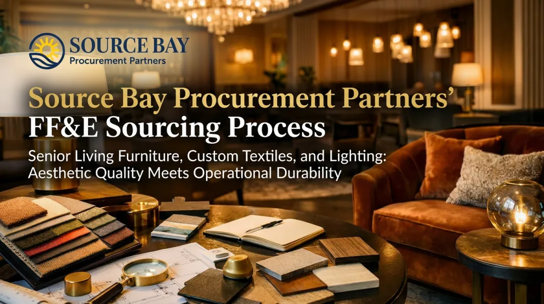 Source Bay FF&E procurement showroom displaying senior living furniture textiles and lighting selections