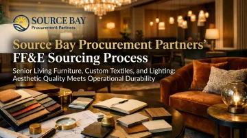 Source Bay FF&amp;E procurement showroom displaying senior living furniture textiles and lighting selections