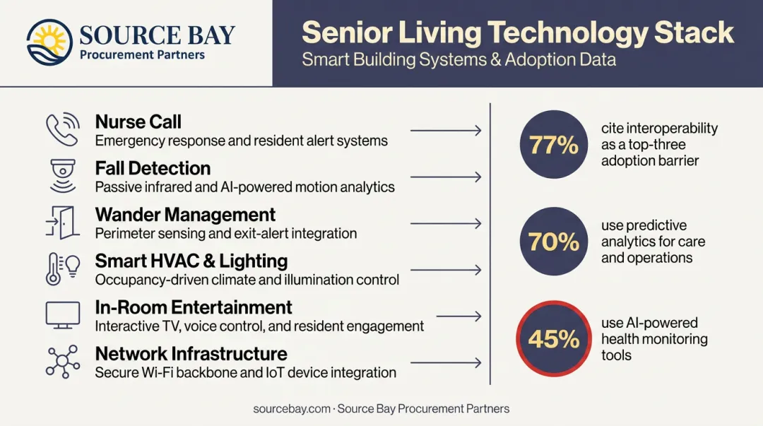 Senior living smart building technology stack showing interoperability adoption rates and system categories