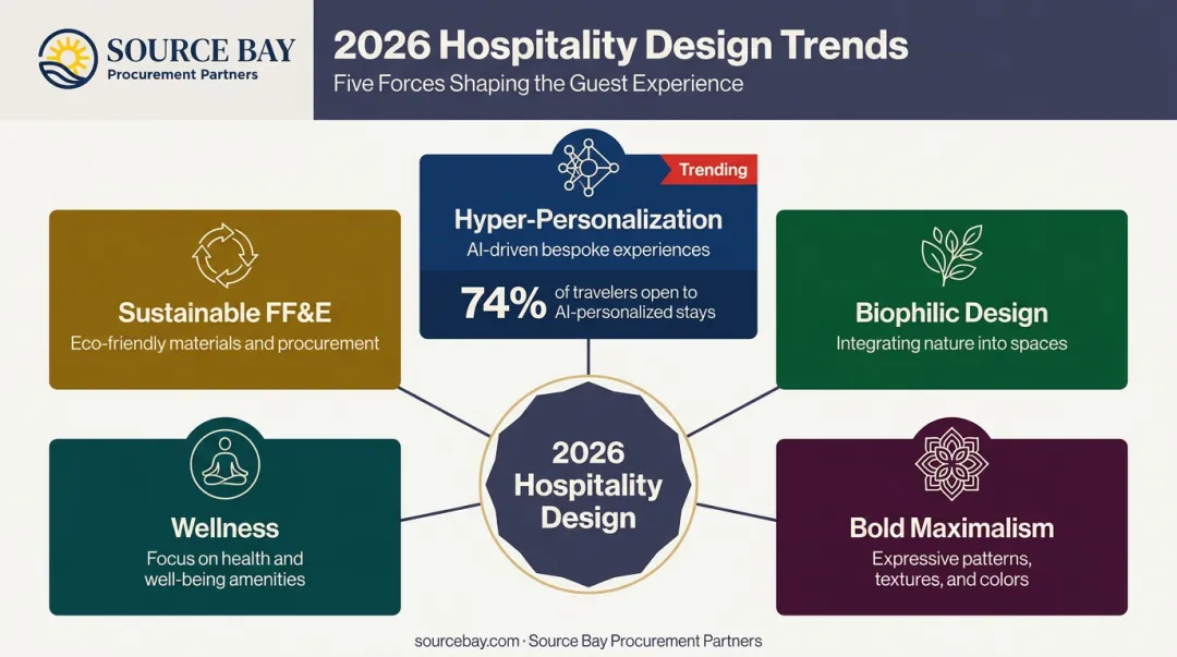 Five 2026 hospitality design trends overview with key statistics infographic
