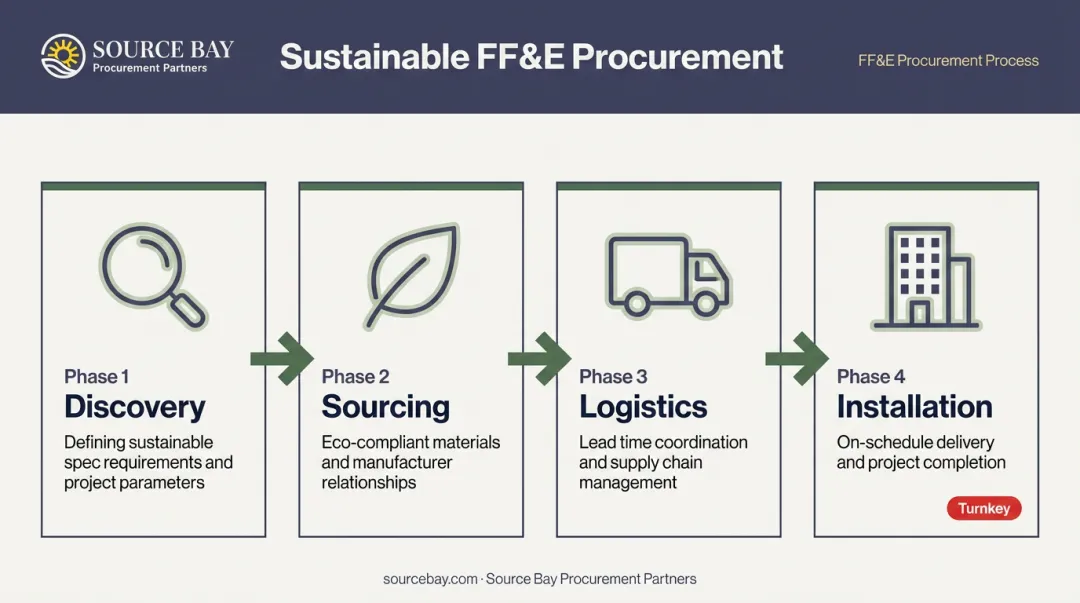 Sustainable hospitality FF&E procurement four-phase process flow diagram