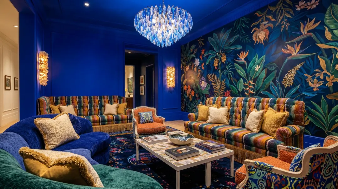 Maximalist hotel interior with jewel tones layered textures and bold wallcoverings