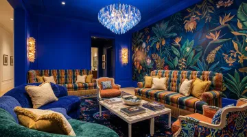 Maximalist hotel interior with jewel tones layered textures and bold wallcoverings