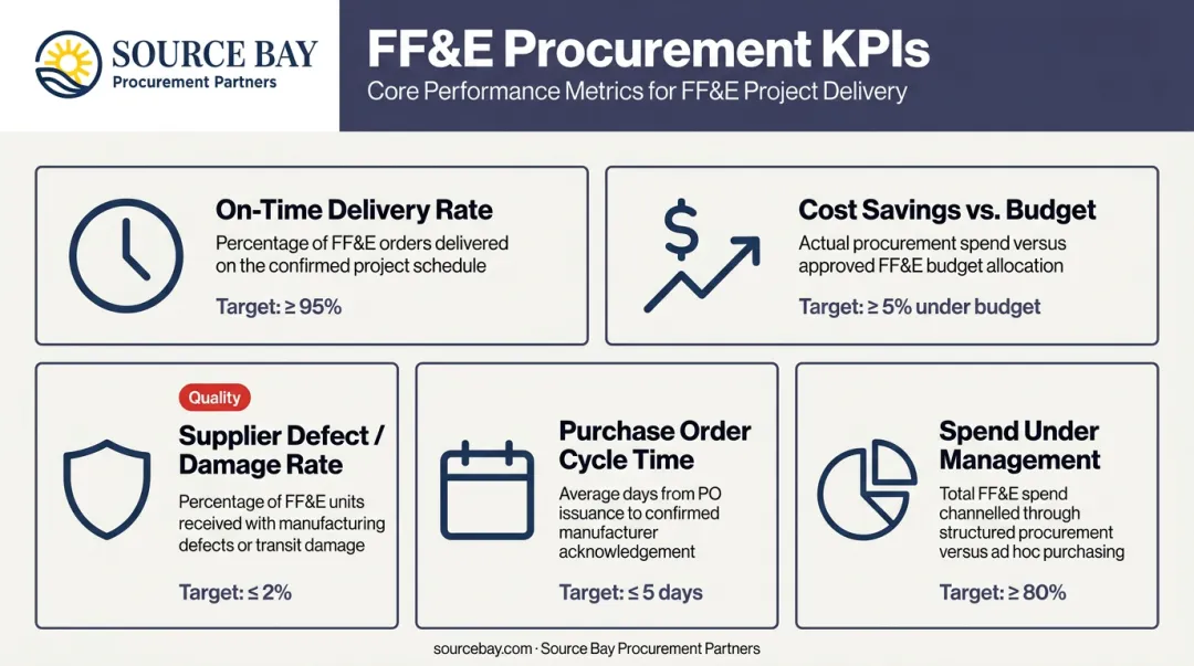 Five key FF&E procurement KPIs dashboard metrics tracking performance benchmarks