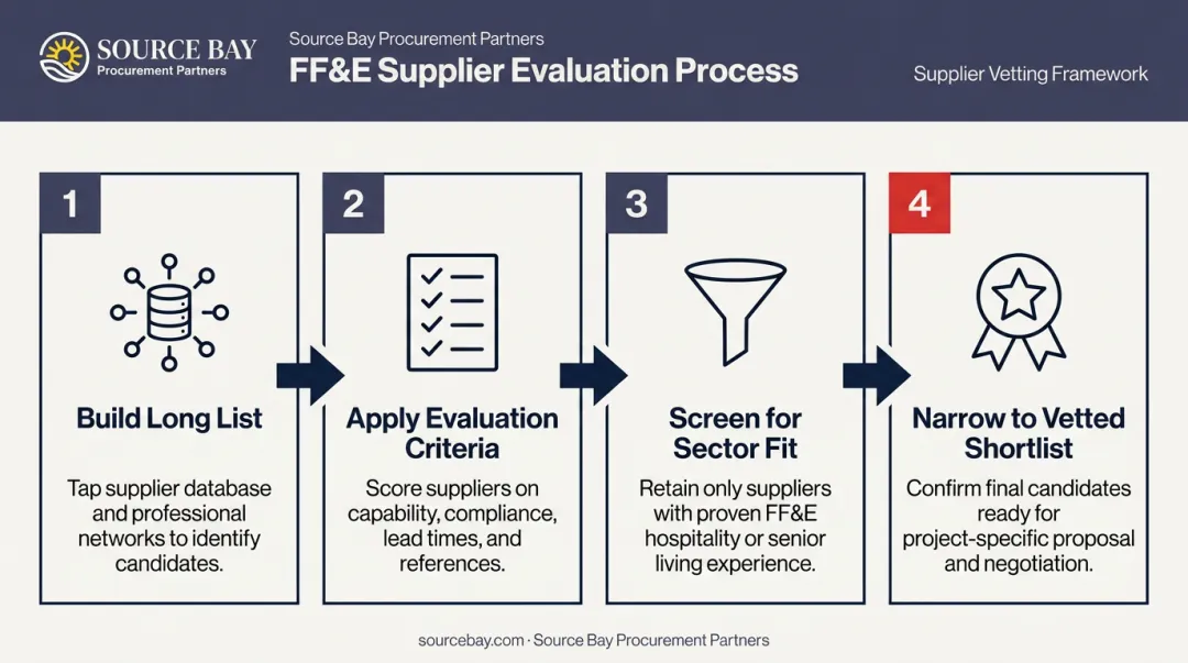 Four-step FF&E supplier evaluation and shortlisting process flow diagram