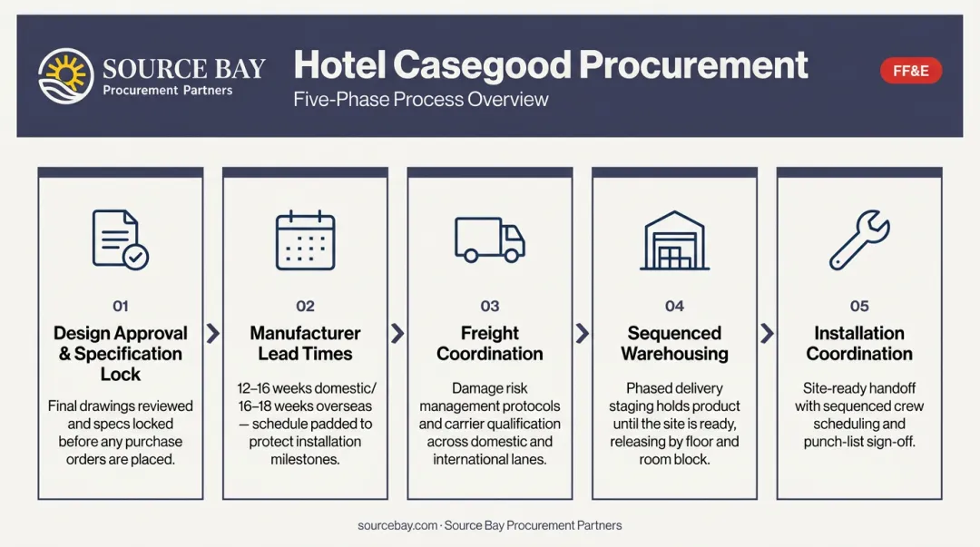 Hotel casegood procurement timeline five-phase process flow from specification to installation