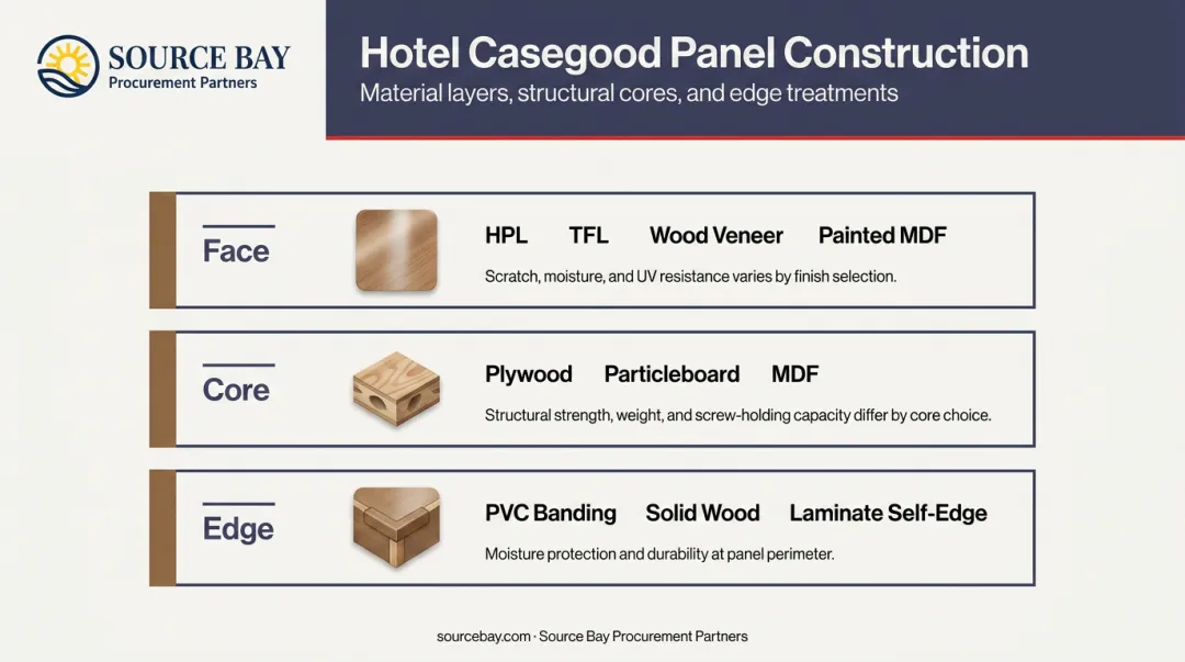 Hotel casegood panel construction face core and edge layer diagram