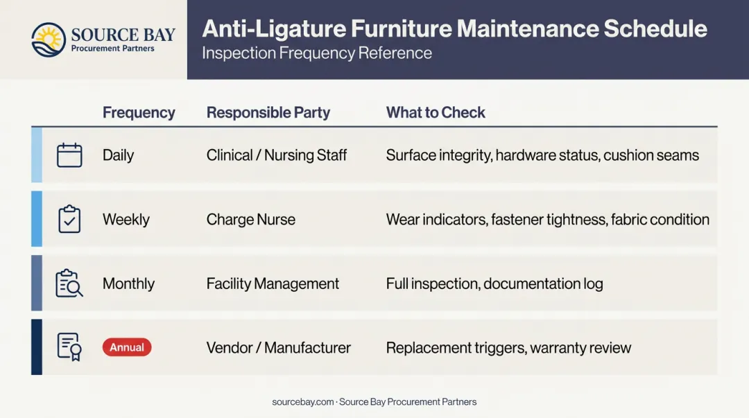 Anti-ligature furniture maintenance inspection schedule by frequency and responsible party