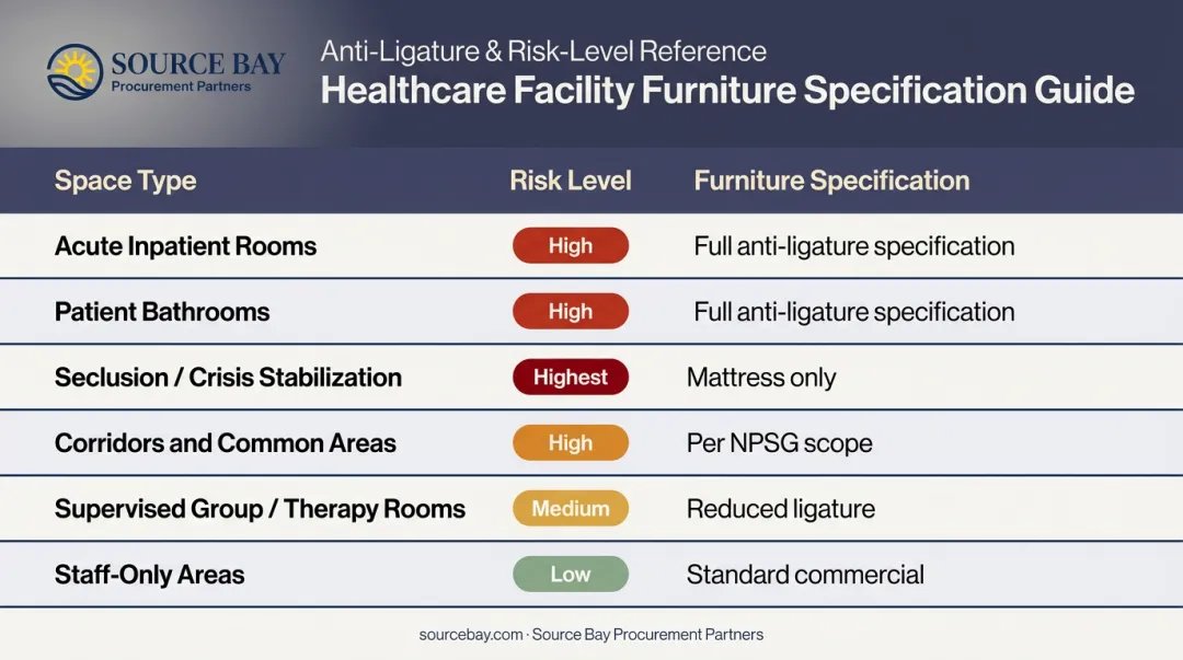 Healthcare facility room risk stratification chart for anti-ligature furniture specification levels
