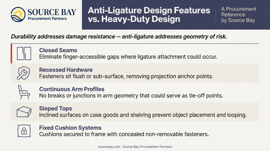 Five anti-ligature furniture design features eliminating anchor points and tie-off risks
