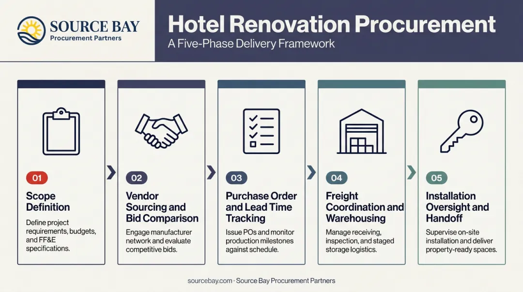 Five-phase hotel renovation procurement process flow from scope to installation handoff
