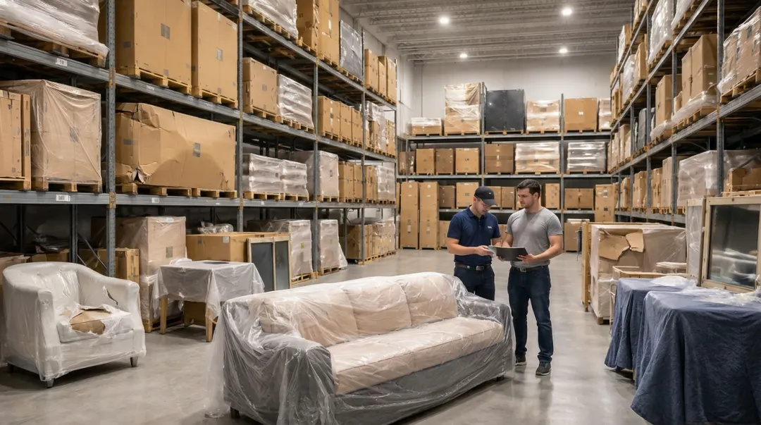 Damaged hotel furniture case goods showing freight transit impact during delivery