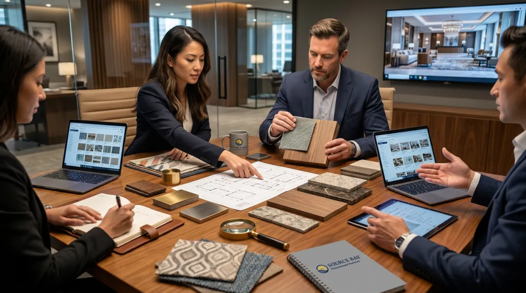 FF&E procurement specialist reviewing hotel furniture specifications with design team